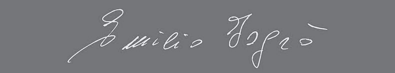 Autografo di Emilio Isgrò scritto in bianco su sfondo grigio