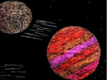 Grattage esempio grafico di disegno realizzato con china nera e cere colorate