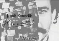 Copertina delle slide sull artista Kounellis Jannis con la sua firma e il volto in bianco e nero