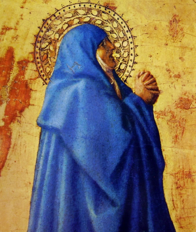 Masaccio polittico di Pisa la crocifissione particolare Madonna dipinta con colore lapislazzuli