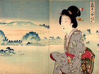 stampa giapponese con donna e paesaggio