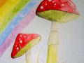 Murales per bambini con dettaglio di due grandi funghi rossi
