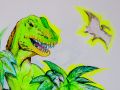 T-Rex dipinto sul muro di una camera di un bambino con i colori verde fluo e marrone