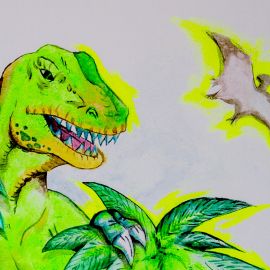 T-Rex dipinto sul muro di una camera di un bambino con i colori verde fluo e marrone