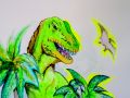 Dettaglio di un t-rex dipinto con i colori verde fluo sulla parete di una cameretta