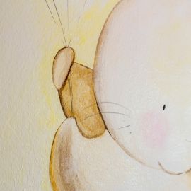 Dettaglio di una pittura murale che raffigura un coniglio dipinto con i colori pastello