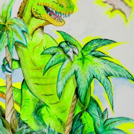 Dettaglio di un t-rex dipinto con i colori verde fluo sulla parete di una cameretta