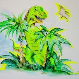 T-Rex dipinto sul muro di una camera di un bambino con i colori verde fluo e marrone